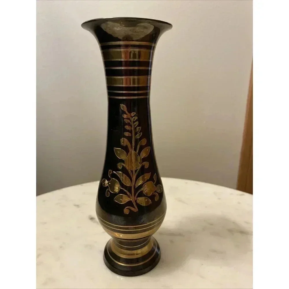 Vintage Solid Etched Brass Handmade Black & Gold Made In India 7.5” Vase